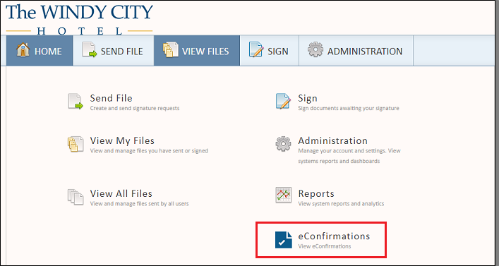 eConfirmations home screen